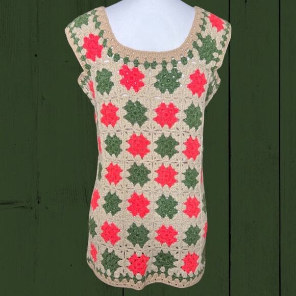 Vintage Tan Pink Green Granny Square 70s Crocheted Button Front Vest Sweater S/M - Picture 5 of 8